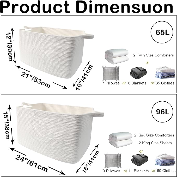96L Large Blanket Basket,24"x16"x15"Rectangle Storage Bin with Handles,Woven Rope Laundry Basket for Toys, Clothes,Magazines,Home Organization,Nursery,Living Room & Bedroom,White