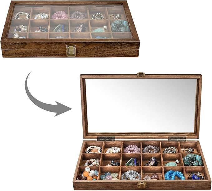 MOOCA Wooden Jewelry Display and Beads Display Storage Case with Tempered Glass Lid , 18 Compartments, 15" W x 8 3/8" L x 2 1/8" H, Brown Color