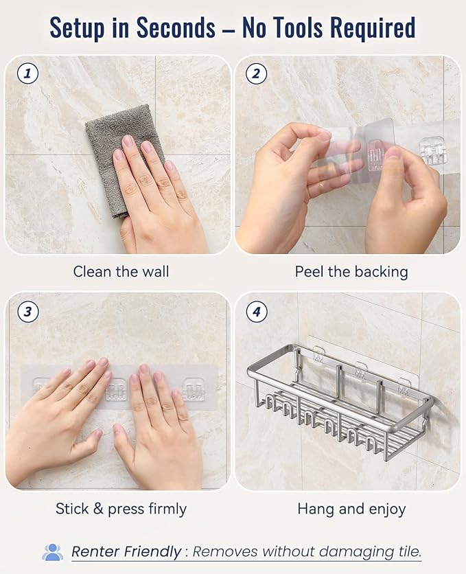 8 Pack Adhesive Rustproof Shower Shelves with Soap Dishes, Toothbrush Holder & Hooks, Large Capacity No-Drilling Shower Shelves Rack for Bathroom Organizers and Storage Accessories, Silver