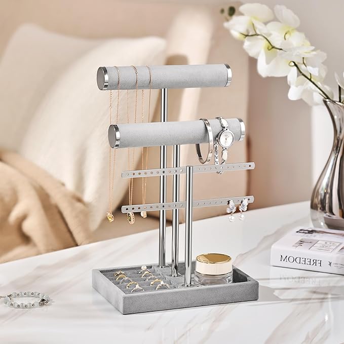 bussdis 3 Tier Bracelet Holder Display - Detachable T Bar Grey Velvet Bracelet Holder, Jewelry Holder Organizer for Bracelet, Necklace, Earrings, Rings