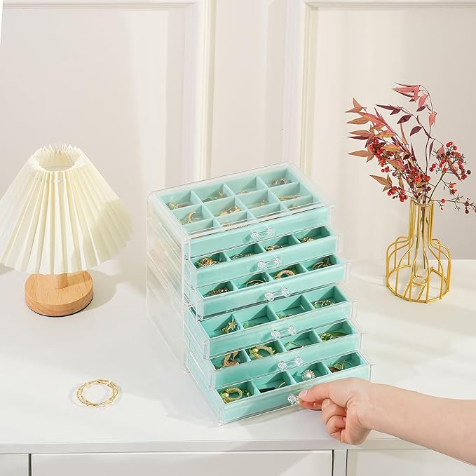 Lolalet Earring Holder Organizer Box Jewelry Storage with 6 Drawers, Clear Acrylic Stackable Earring Case with Adjustable Velvet Trays for Women on Dresser Vanity -Aqua, 6 Layers