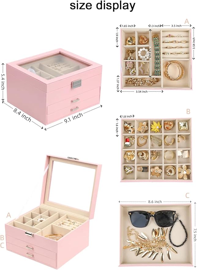 BOOVO Clear Lid Jewelry Box,3 Layers Jewelry Organizer Large Multi-Functional Jewelry Storage Box with 2 Drawers,Jewelry Display Case of Rings Earrings Necklace Bracelets for Women Girls (Pink)