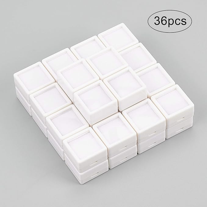 BENECREAT 36PCS White Gemstone Display Box Mini Square Acrylic Jewelry Box Container 1.2x1.2x0.6 with Clear Top Lids and Sponge for Festival Gems,Jewelry Packing
