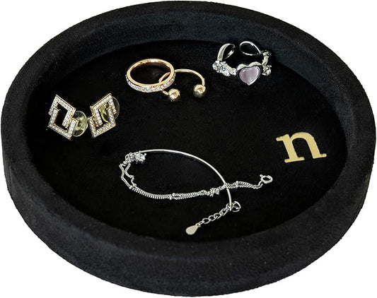 COLLECTIVE HOME - Velvet Jewelry Tray, 6" Monogrammed Jewelry Dish, Smooth Velour Display Dish for Rings, Earrings, Necklaces, Makeup, Personalized Gifts for Women (Black-n)