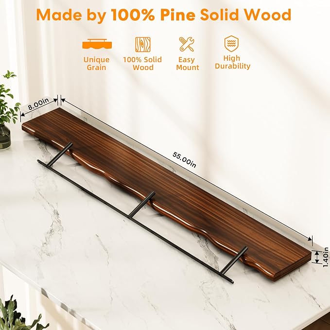 Floating Shelves for Wall Rustic Farmhouse 55 Inch Floating Shelf Bathroom Wooden Shelves for Wall Mounted Live Edge Pine Shelf with Unique Natural Grain for Living Room Bedroom Kitchen (Walnut)