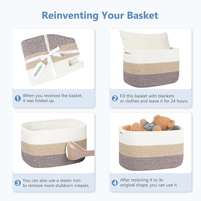 ECDYQXVU Cotton Rope Storage Baskets,15x10x9 in,Foldable Storage Bins, Decorative Woven Basket Cube Storage Organizer for Laundry, Towel, Clothes (White/Grey-3Pack, 15x10x9 inches)