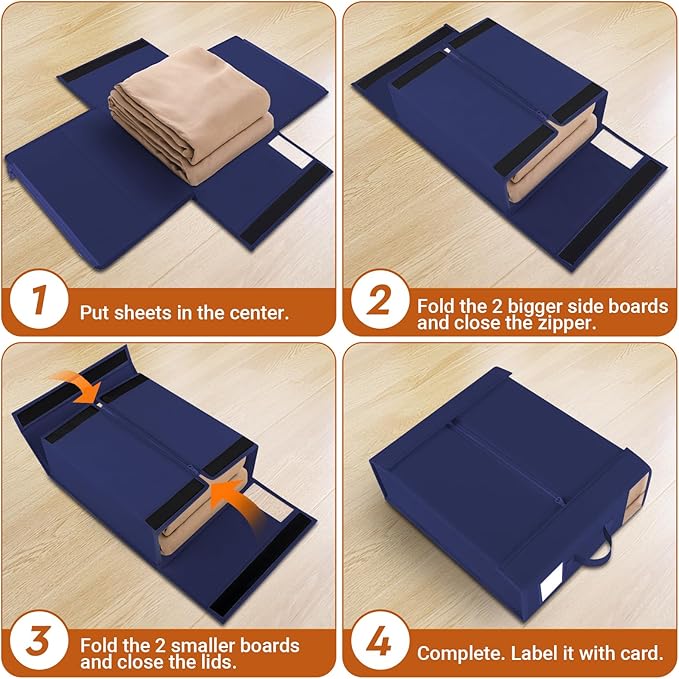 StorageTastic 8 Pack Bed Sheet Closet Organizers and Storage,Sturdy Foldable Storage Containers with Window and Label,Storage and Organization for Bedding Sheets,Duvet Covers,Blankets (Blue)