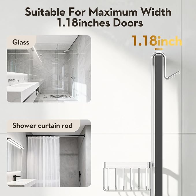Over the Door Shower Caddy Hanging With Double Soap Holder Never Rust Aluminum Shower Shelf With 4 Hooks Hanging Bathroom Organizer No Drilling Shelves for Bathroom Storage Silver