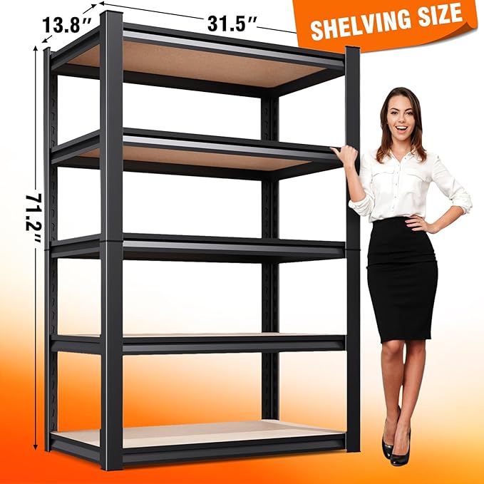 2Pack Storage Shelves, 2500lbs Garage Shelving,Adjustable Heavy Duty Shelving Unit,5T Tall Garage Shelves，Wood Metal Standing Shelf Units,Utility Rack for Kitchen 71.2''H*31.5''W*13.8''D