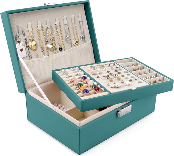 Homeanda Jewelry box 2 layer Jewelry box Leather Jewelry boxes for Women Girls Teens Jewelry organizer box Jewelry Storage box with lock(Green)