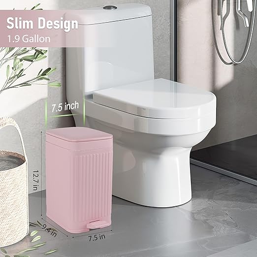 rejomiik Small Bathroom Trash Can with Lid Slim Soft Close Garbage Can Step Wastebasket Container Trash Bin for Office Bedroom Kitchen Living Room 1.9 Gallon Pink