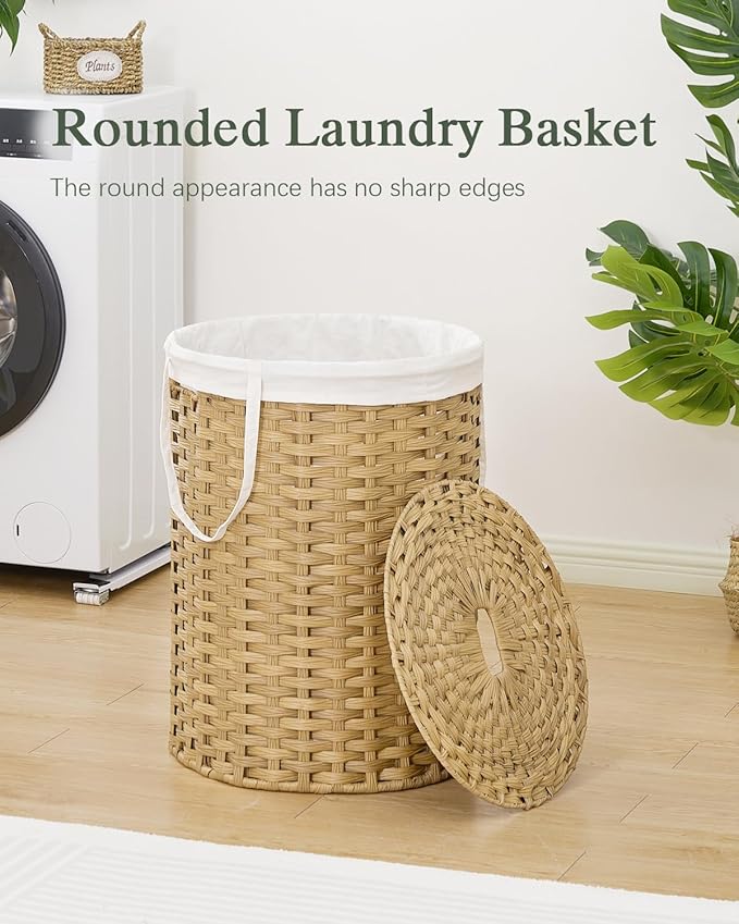 SETVSON Laundry Basket with Lid Round Rattan Laundry Hamper with Lid and Handles 29.1 Gal (110 L) Handwoven Woven Basket with Removable Bags and 2 Mesh Bags for Bathroom Living Room Natural