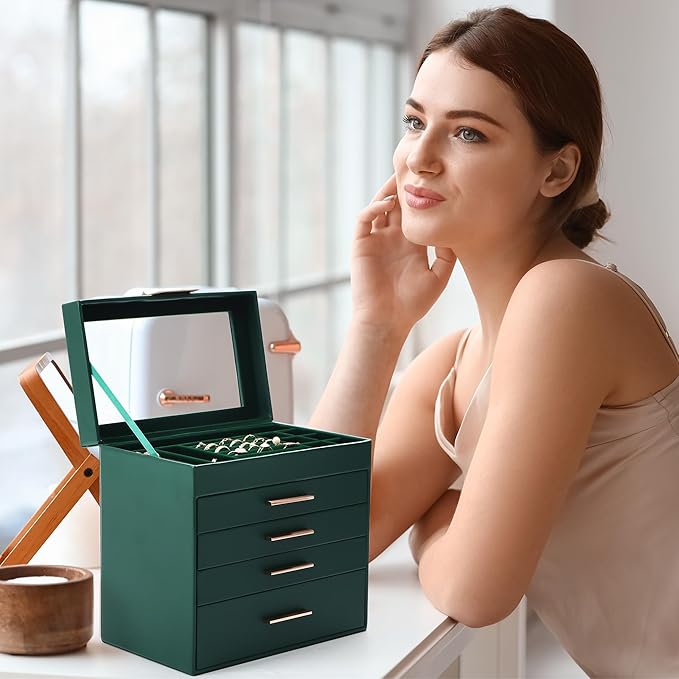 Somduy Jewelry Box, 5 Layers Jewelry Storage Display Box with Glass Lid for Women, 4 Drawers,Large Capacity for Necklace Earrings Bracelets Rings, Green