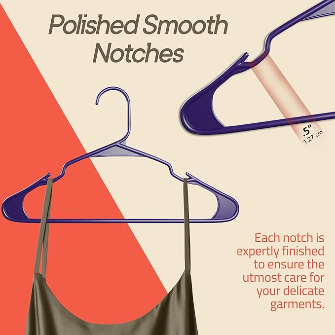 Purple Plastic Hangers 5 Pack– Heavy-Duty Plastic Hangers Slim and Space-Saving, Durable and Lightweight with Non-Slip Shoulder Notches for Slip Dresses, Suits, Jackets & Camisoles