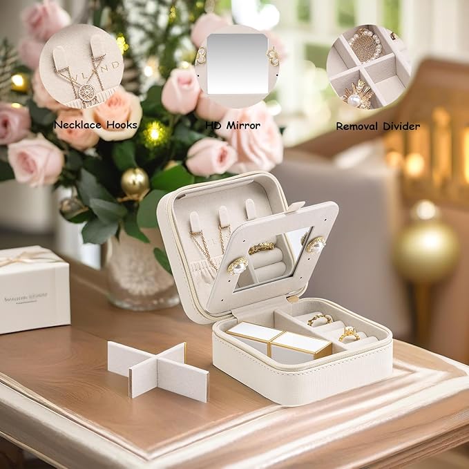 Vlando Small Travel Jewelry Box Organizer - Mirrored Carry-on Jewelries Necklaces Rings Earrings Necklace Storage Case, Beige