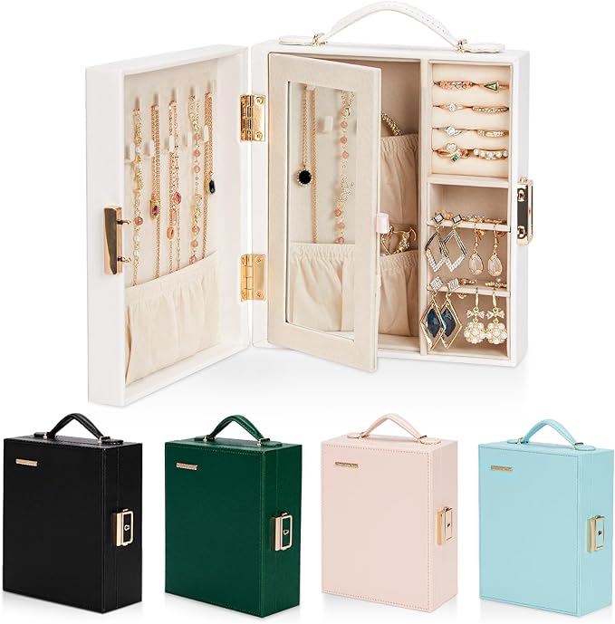 Enthralite Large Travel Jewelry Case: Portable Jewelry Box with Mirror - PU Leather Small Jewelry Organizer for Rings Earrings Necklaces Bracelets - Birthday Gift for Her
