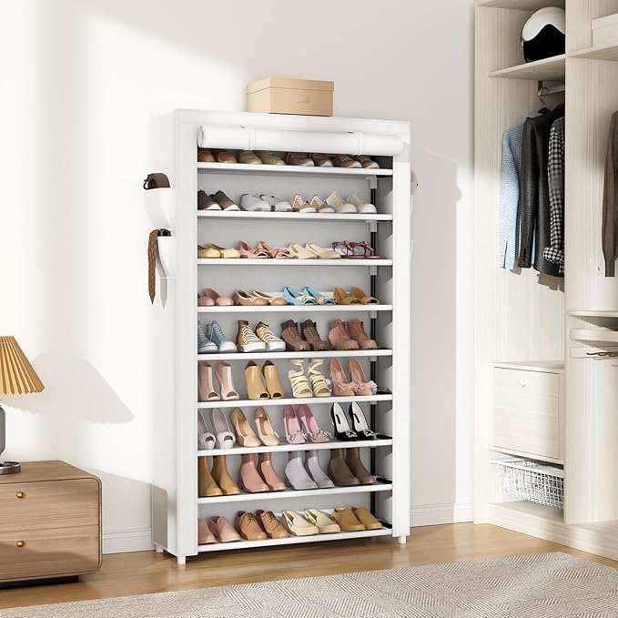 VILICK Shoe Rack with Cover Narrow Shoe Organizer with Pockets 10 Tier Tall Shoe Storage Holds 36-41 Pairs Shoes and Boots Shoe Rack for Closet Entryway Garage, White