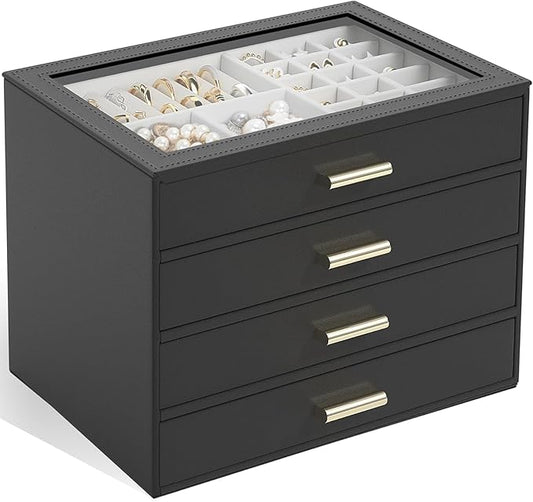 AKOZLIN Jewelry Box with Clear Lid Functional Leather Jewelry Storage Organizer Case 4 Drawers for Women Girls Necklace Ring Bracelet Earring