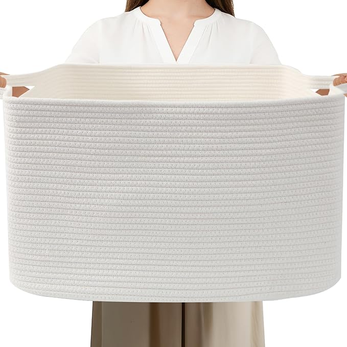 96L Large Blanket Basket,24"x16"x15"Rectangle Storage Bin with Handles,Woven Rope Laundry Basket for Toys, Clothes,Magazines,Home Organization,Nursery,Living Room & Bedroom,White