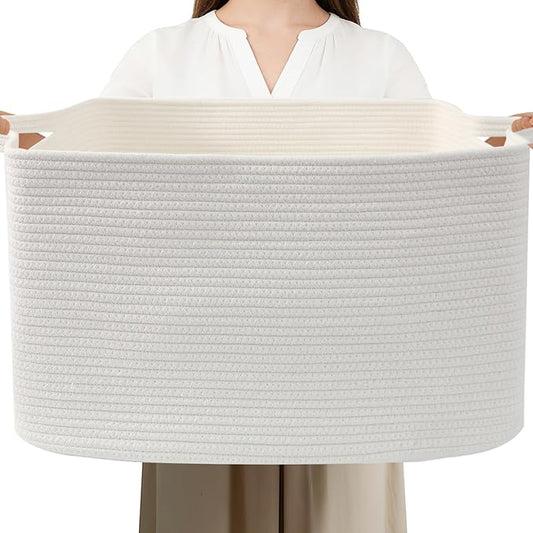 96L Large Blanket Basket,24"x16"x15"Rectangle Storage Bin with Handles,Woven Rope Laundry Basket for Toys, Clothes,Magazines,Home Organization,Nursery,Living Room & Bedroom,White