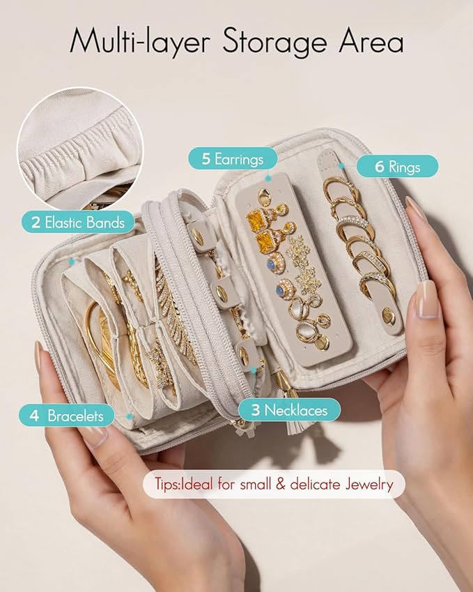 VLANDO Travel Jewelry Case,2-Layer Jewelry Organizer for Travel,Mothers Day Mom Gifts Teacher Gifts,Multi-Compartment Jewelry Storage for Rings Earrings Necklaces Bracelets-Cream White