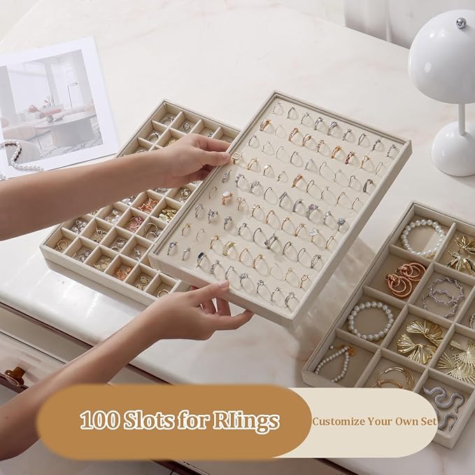 Large Velvet Jewelry Tray 2 Pack Stackable Jewelry Display Drawer Inserts Trays Organizer for Earring Bracelet Necklace Ring (Beige, Ring 81 Slots)