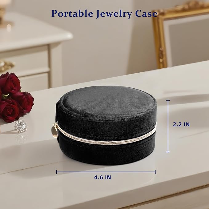 CONBOLA Travel Jewelry Case Small Jewelry Box for Women Girls,Round Velvet Jewelry Travel Organizer,Portable Jewelry Box for Rings Earrings Necklaces Bracelets.(Black,Large)
