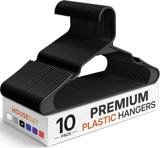 HOUSE DAY Premium Plastic Hangers 10 Pack, Clothes Hanger Space Saving, Heavy Duty Coat Hanger - Durable and Strong Closet Organizers and Storage Makes It Ideal Dorm Room Essentials (Black)