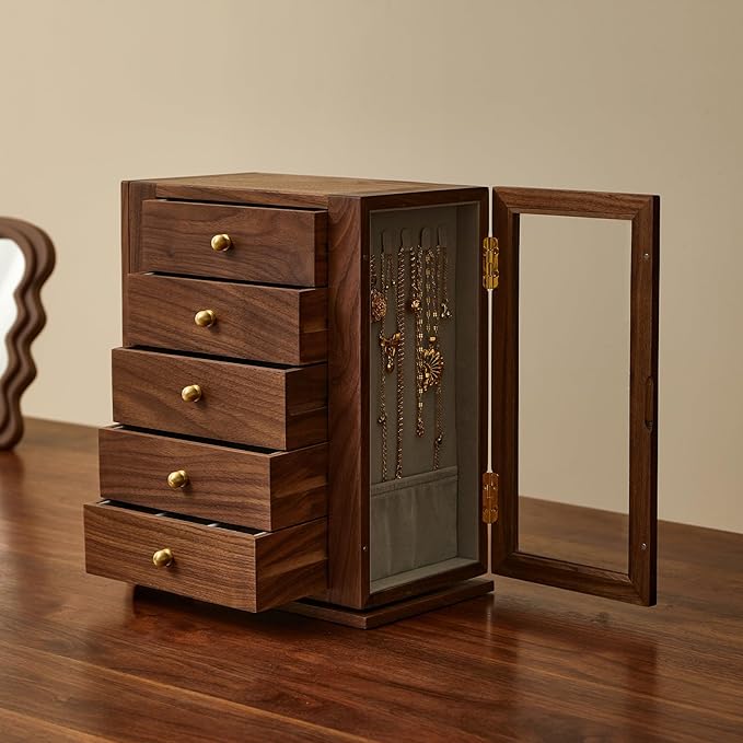 Wooden Jewelry Box for Women, 360 Rotating Design,Large Jewelry Organizer with Velvet Lining, 5 Drawers, Transparent Glass Doors, Black Walnut Wood Grain, Jewelry Storage Organizer