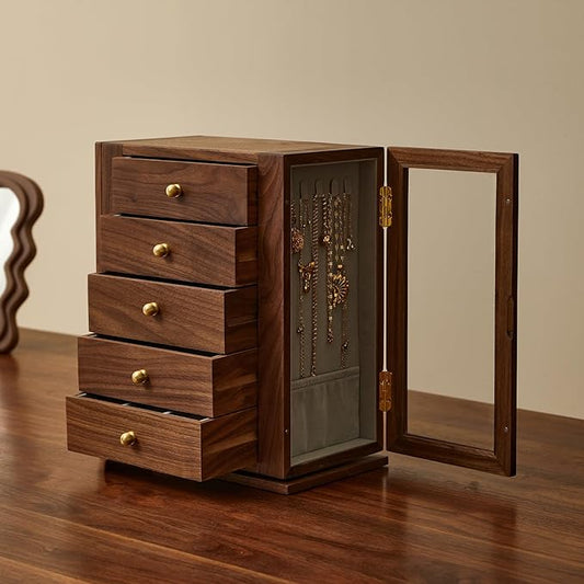 Wooden Jewelry Box for Women, 360 Rotating Design,Large Jewelry Organizer with Velvet Lining, 5 Drawers, Transparent Glass Doors, Black Walnut Wood Grain, Jewelry Storage Organizer