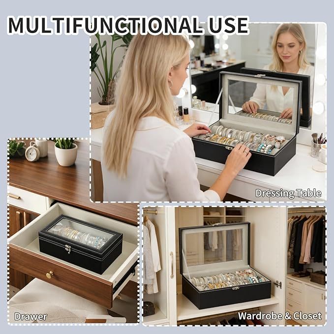 AUTOARK Bracelet & Watch Storage Box with Glass Lid & 2 Anti-Roll Rods,PU Leather Jewelry Case,Soft Lined Locking Organizer for Women,Gift for Dresser & Cabinet Display,Black,MKAW147