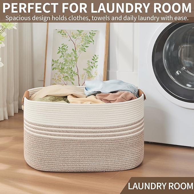 Large Woven Laundry Basket Hamper, 72L Cotton Rope Storage Bin for Blankets, Toys, Clothes, Decorative Nursery Hamper for Living Room, Baby Nursery, Bathroom, Bedroom, Kids Storage, Light Brown