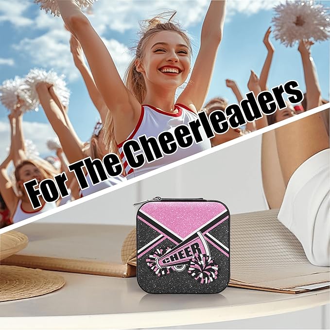 Cheerleader Travel Jewelry Case, Cheer Travel Jewelry Box for Women, Mini Jewelry Travel Case for Cheer Team, Cheerleader Gifts for Girls (Pink)