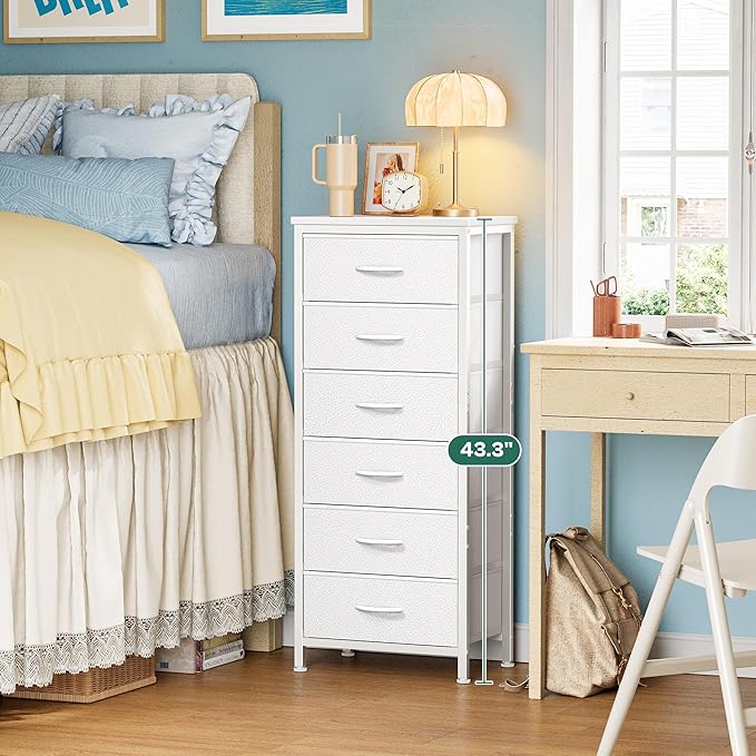 Huuger 43.3 Inch Tall Dresser for Bedroom, 6 Drawer Dresser & Chests of Drawers, Fabric Dresser for Closet, Bedroom, Night Stand, End Table with Metal Frame, Storage Tower with Fabric Bins, White