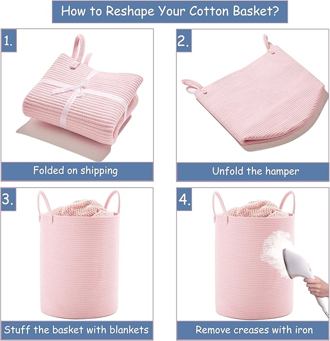 Large Pink Laundry Basket 15x20 Inches, 60L Woven Rope Hamper for Baby Girls and Kids, Tall Nursery Storage Bin, Kawaii Bedroom Laundry Hamper