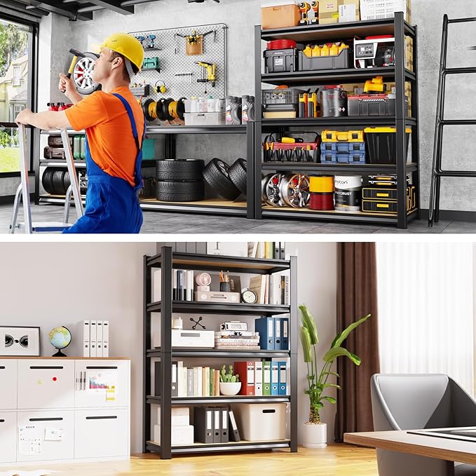 71.2" H Storage Shelves, 5 Tier Adjustable Wood Garage Shelving, Utility Tall Metal Shelving Unit, Easy to Install Standing Garage Storage for Warehouse,Bedroom,Basement,45.6" WX17.7 DX71.2 H