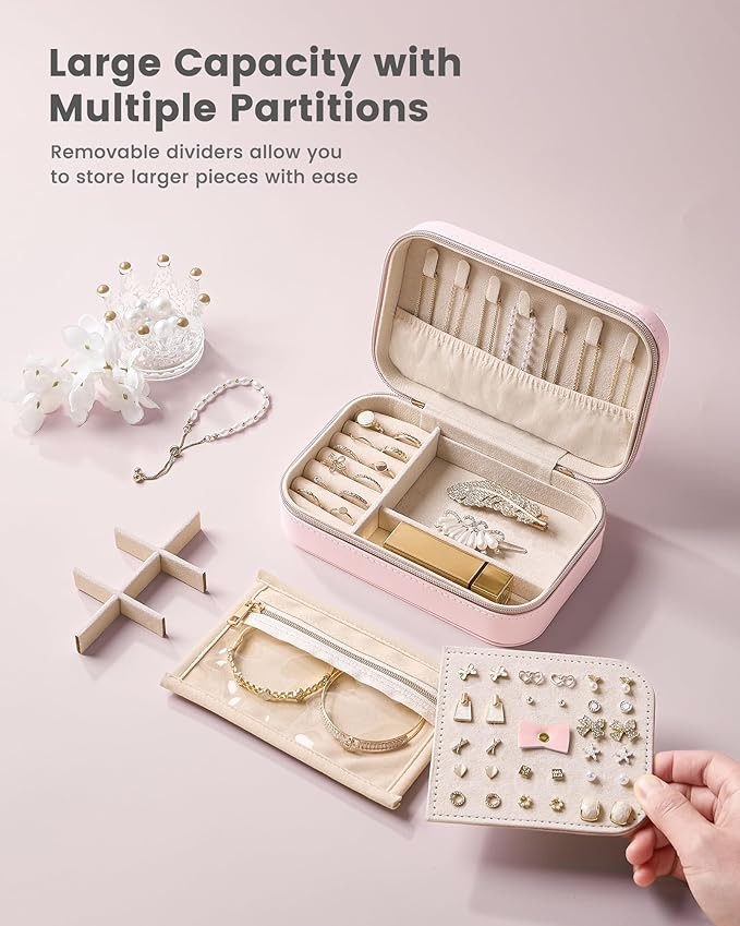 Lolalet Travel Jewelry Case for Women Girls, PU Leather Jewelry Organizer with Clear Storage Bag Small Portable Jewelry Box for Necklace Bracelet Earring Ring Mothers Day Birthday Gifts -Medium/Pink