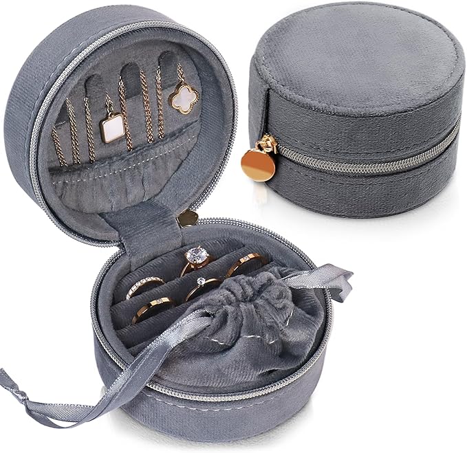 CONBOLA Travel Jewelry Case Small Jewelry Box for Women Girls,Round Velvet Mini Jewelry Travel Organizer,Portable Jewelry Box for Rings Earrings Necklaces Bracelets.(Grey,Small)