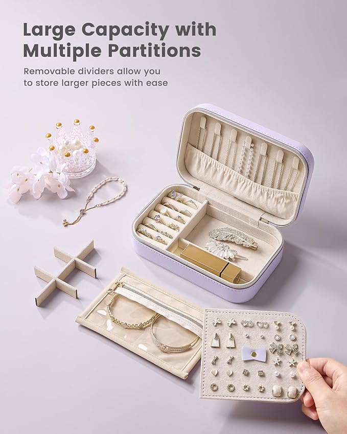 Lolalet Travel Jewelry Case for Women Girls, PU Leather Jewelry Organizer with Clear Storage Bag Small Portable Jewelry Box for Necklace Bracelet Earring Ring Mothers Day Birthday Gifts -Medium/Purple