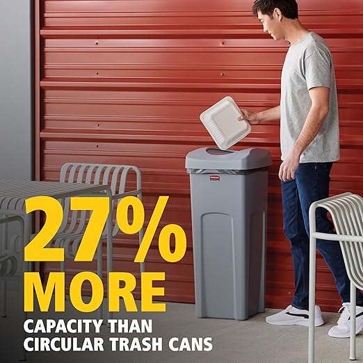 Rubbermaid Commercial Products Square Trash/Garbage Container with Untouchable Swing Top Lid, 23-Gallon, Gray, Perfect for Outdoor/Restaurant/School/Kitchen