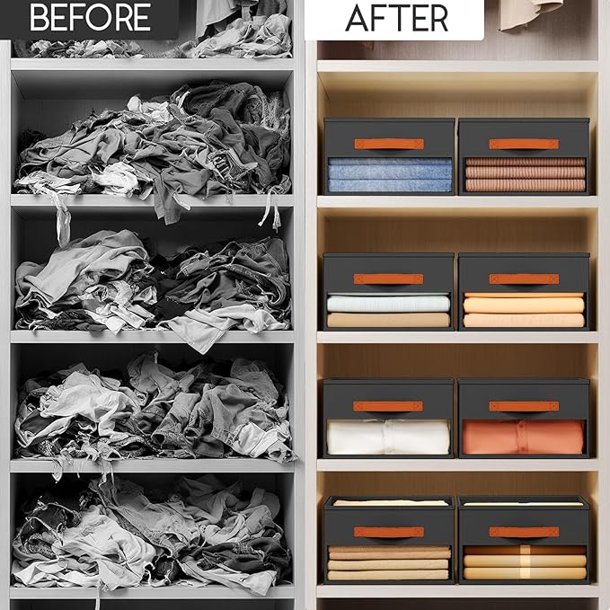 Homsorout Drawer Organizers and Storage - 12 Pack Foldable Pants Organizer with Clear Window & Handles, Fabric Closet Organizer for Clothes, Jeans, Sweaters, Towels, T-shirt, Scarf (Black)