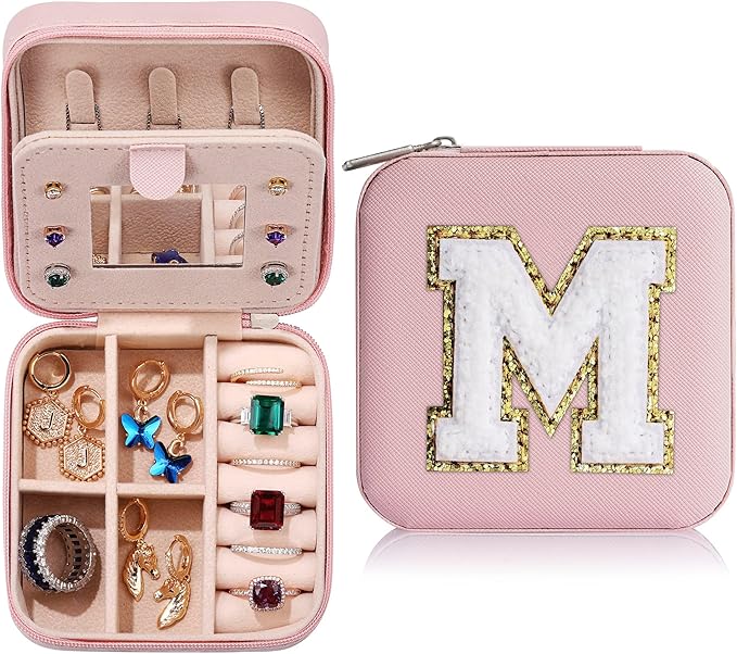 Parima Graduation Travel Gifts for Women Teen Girls, Personalized Gift for Women Girls Graduation Travel Essentials Small Jewelry Box Organizer Initial Jewelry Case With Letter M, Pink