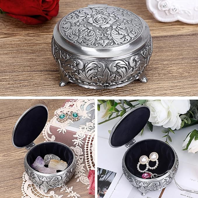 Hipiwe Metal Jewelry Box Vintage Ring Holder Trinket Organizer Small Round Earring Necklace Storage Box Jewelry Display Box Keepsake Box Decorative Jewelry Box Gift for Women