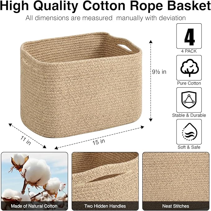 ICERZCZ Storage Baskets for Organizing & Shelves, Woven Cotton Rope Organization Bins for Dog Toys, Clothes, Books, Nursery Organizer, 15" Lx11''Wx9.5''H, (4 Packs) Brown