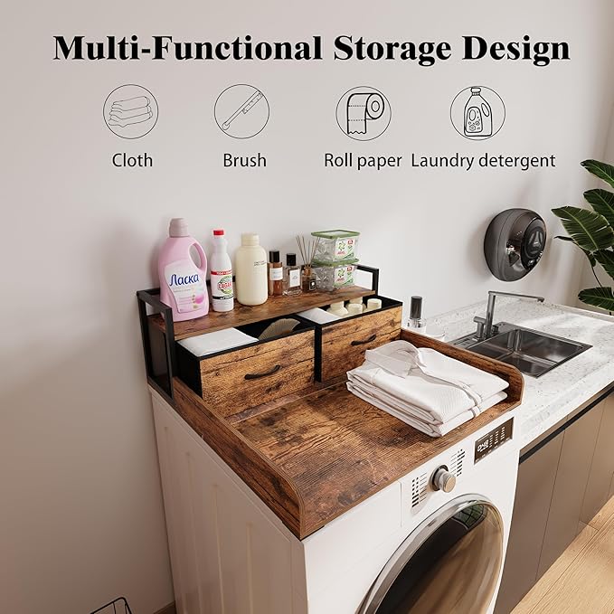 Unionly 2-Tier Washer Dryer Countertop single with shelf and fabirc drawer,laundry topper with Edge and Non-Slip Pad for Washer Dryer Laundry Hamper Counter Storage Organization (rustic brown, single)