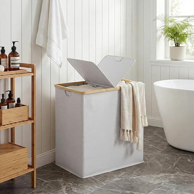 efluky Laundry Hamper with Lid, Double Laundry Hamper with 2 Removable Bags, 2 Section Laundry Basket with Bamboo Handles for Bathroom, Bedroom & Laundry Room, 140L (36.9 Gallon) Light Grey