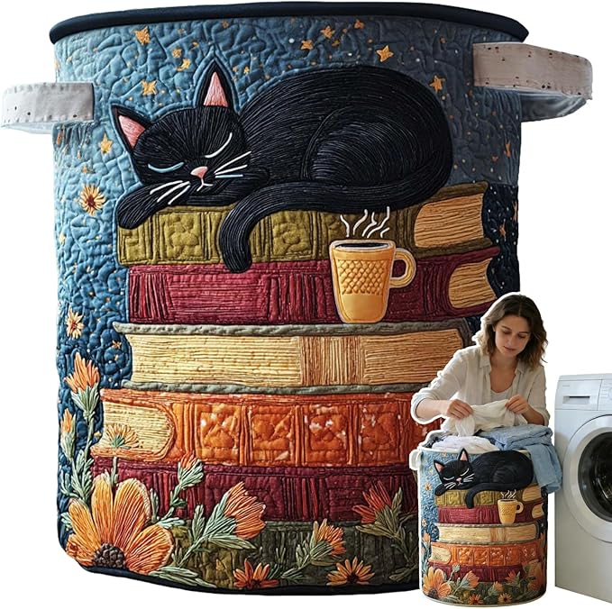 Cat Quilted Laundry Basket - 18"/22"/28", 2026 Large Quilted Cat Laundry Basket with Handles, Cozy Cat Fabric Storage Hamper for Nursery, Bedroom, Laundry Room, Clothes & Toys (1, S 14"X18")