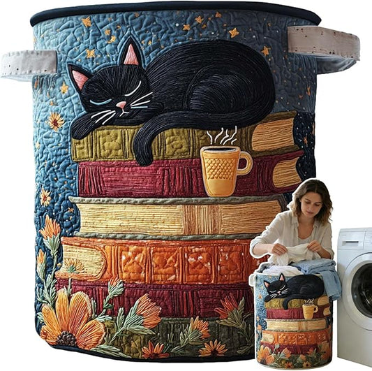 Cat Quilted Laundry Basket - 18"/22"/28", 2026 Large Quilted Cat Laundry Basket with Handles, Cozy Cat Fabric Storage Hamper for Nursery, Bedroom, Laundry Room, Clothes & Toys (1, S 14"X18")