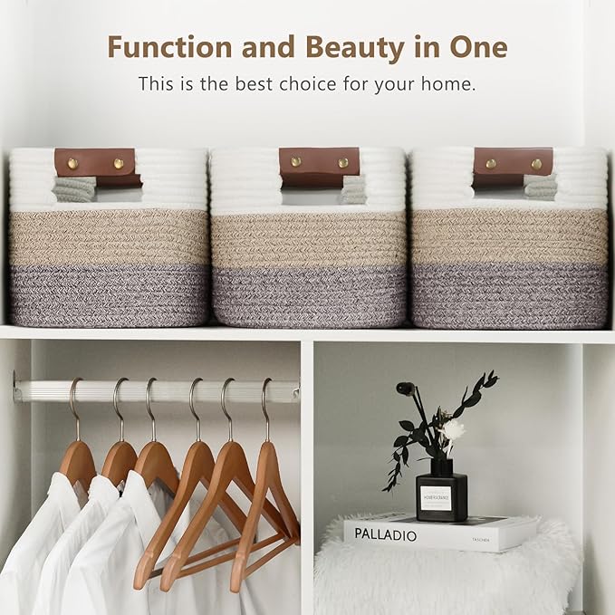 ECDYQXVU Cotton Rope Basket, Storage Baskets with Handle, 15x10x9 Inch Woven Basket for Shelves, Laundry, Towels, Clothes, Books, (Gradient Brown 1 Pack)