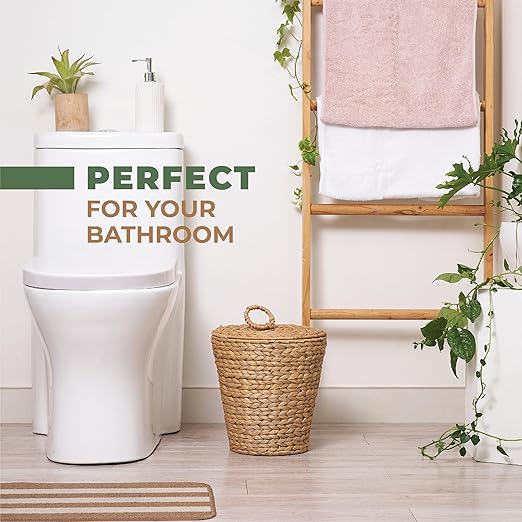 84ECO 3 Gallon Wicker Trash Can with Liner and Lid - Rattan Trash Can - Wicker Waste Basket for Bathroom, Bedroom, Kitchen, Living Room